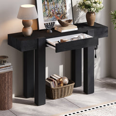 Rustic Minimalist Console Table with Hidden Drawer, Side Power Outlet,Wood Entryway Table for Entryways, Living Rooms and Home Offices(Black)