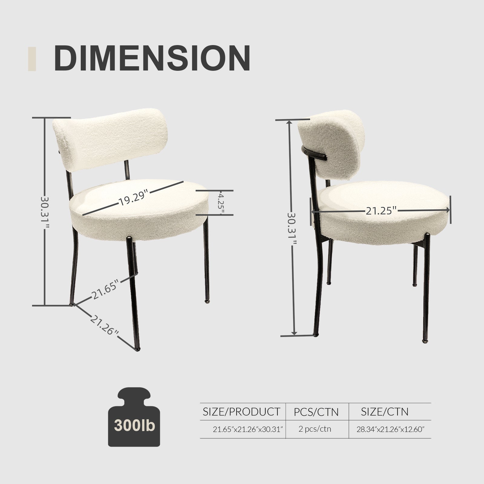 Set of 2 Dining Chairs, Mid-Century Modern, Curved Backrest Round Upholstered Boucle with Black Metal Legs
