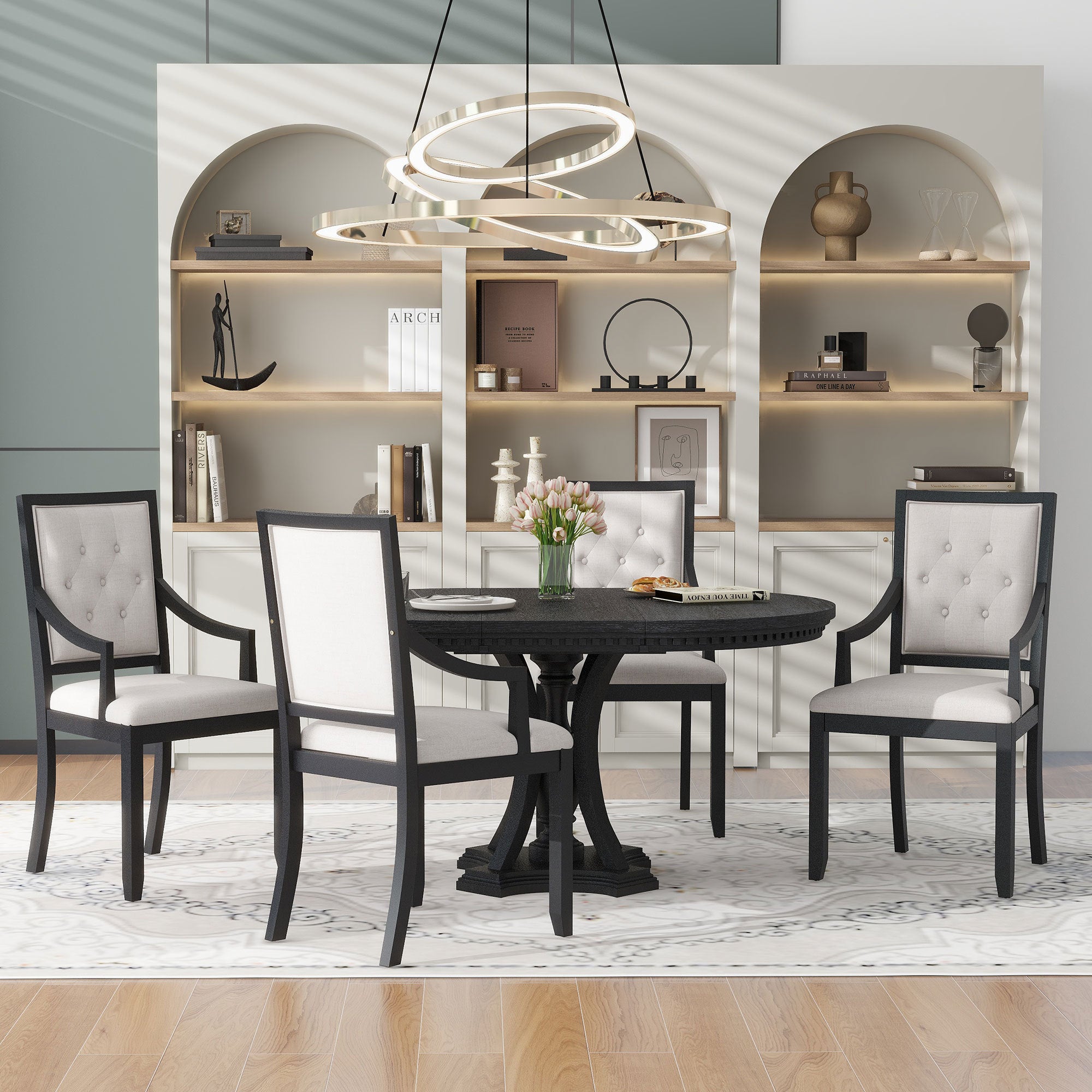 5-piece Dining Set Extendable Round Table and 4 Chairs for Kitchen Dining Room - Black Oak