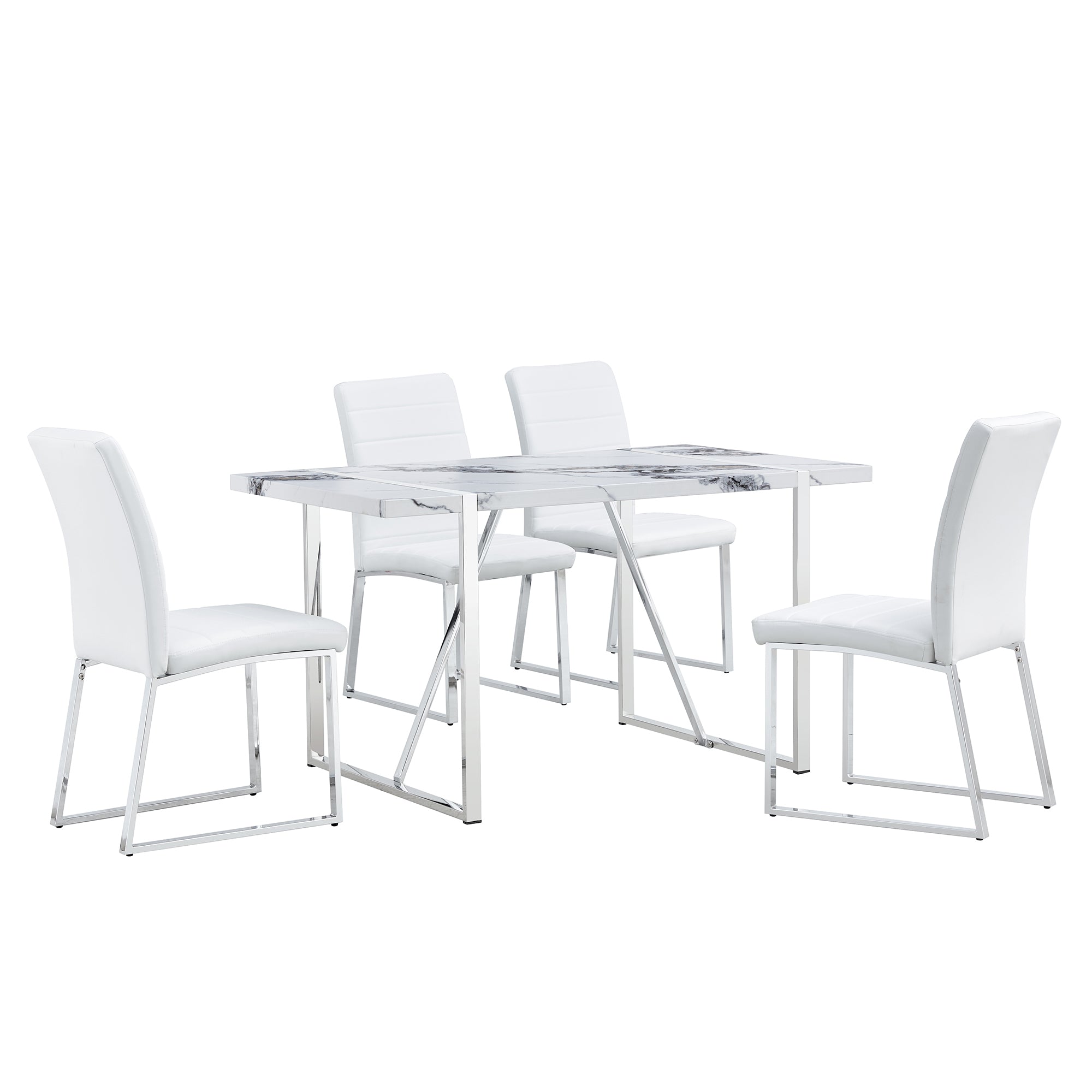 Dining Table Chairs Set for 4, Rectangular Dining Room Table Set, Faux Marble Modern Dining Table & Leather Chairs for Kitchen Dining Room, White