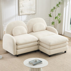Teddy Fabric Cloud-like Loveseat Sofa,Curved Backrest and Armrest with Curved Lumbar Pillows, Sectional 2 Seater Modular Couch with Movable Ottoman and Supportive Double-layer cushion ,Beige White