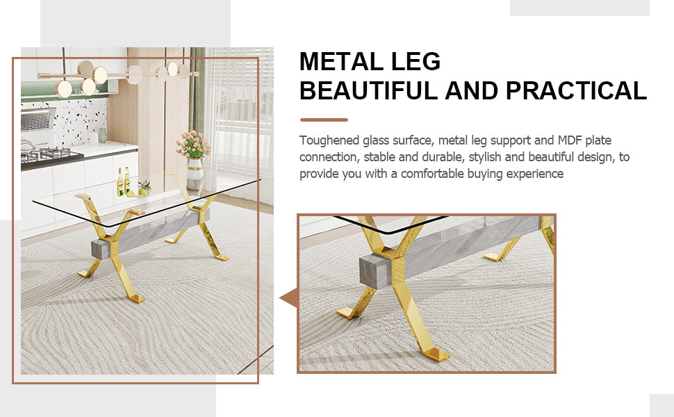 Modern Tempered Glass Dining Table - Transparent with Gold Plated Metal Legs (no chairs included))