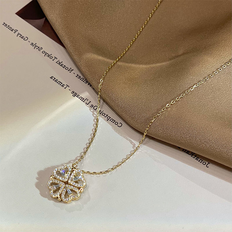 Retro Magnetic Folding Heart Shaped Four Leaf Clover Pendant Necklace Women