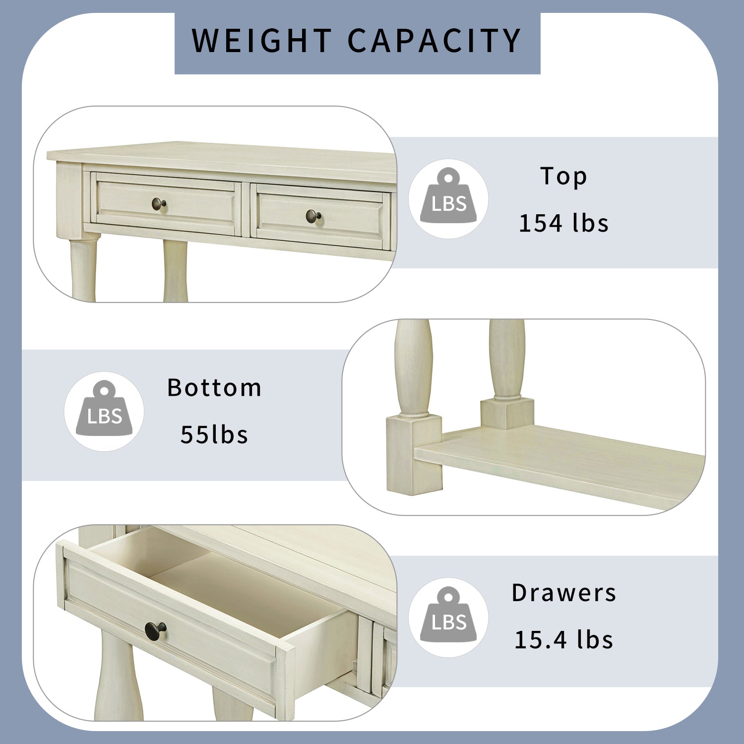 63" Long Console Table with Drawers and Shelf for Entryway, Hallway, Living Room - Antique White