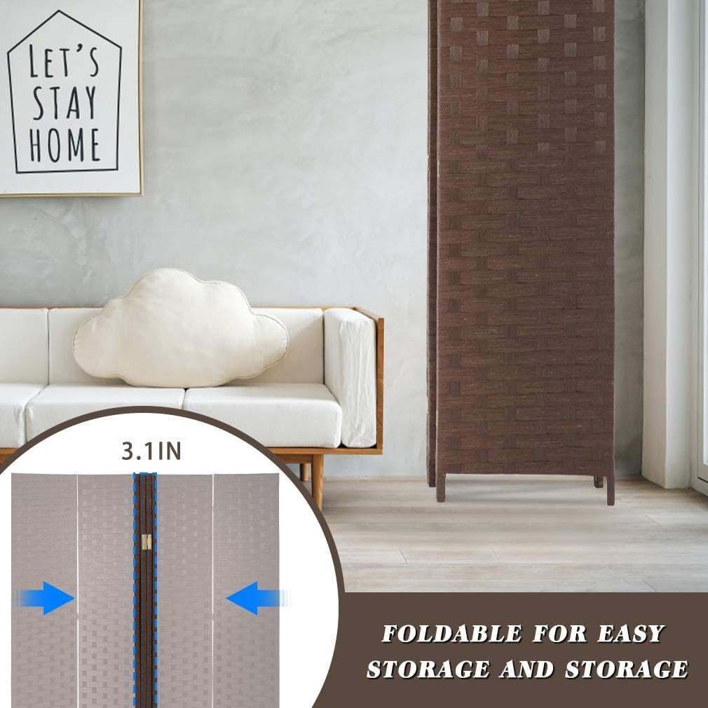 Wall Divider Wood Screen 4 Panels Wood Mesh Hand-Woven Design 6ft - Brown