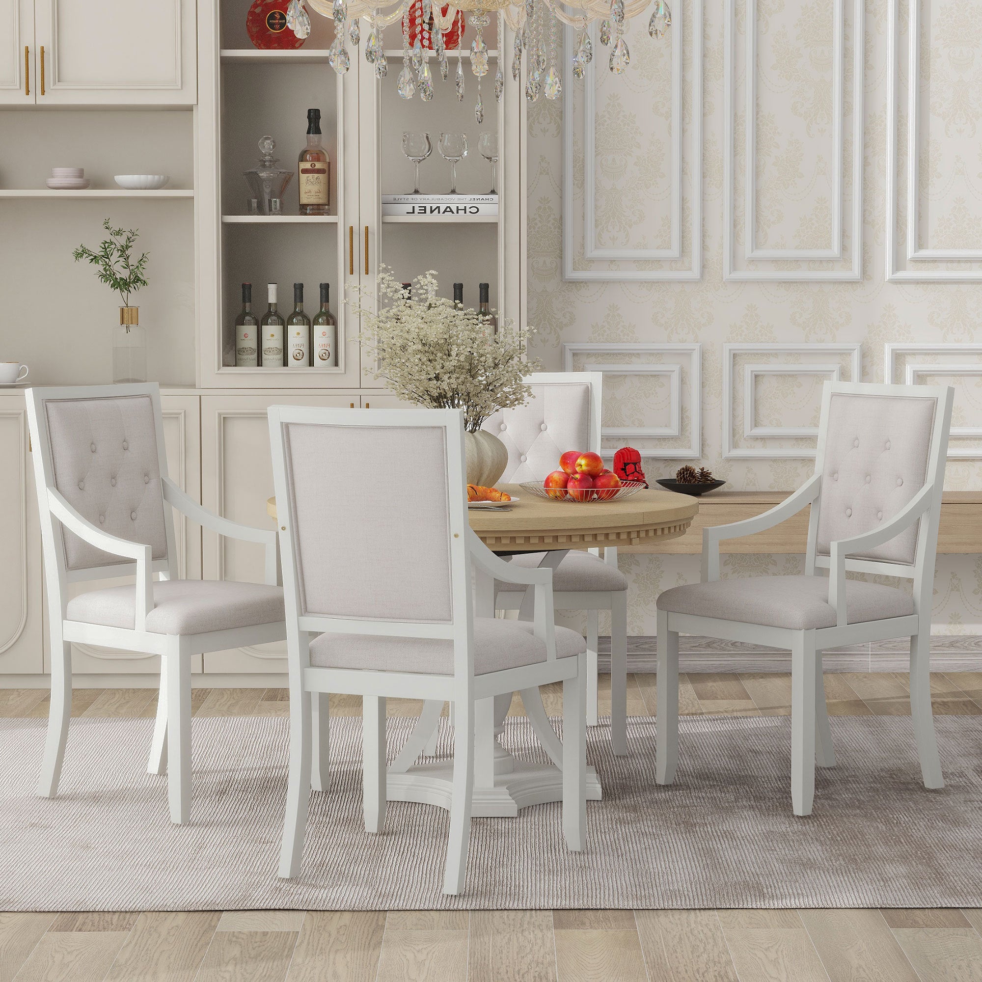 Retro 5-piece Dining Set Extendable Round Table and 4 Chairs - Oak Natural Wood + Antique White