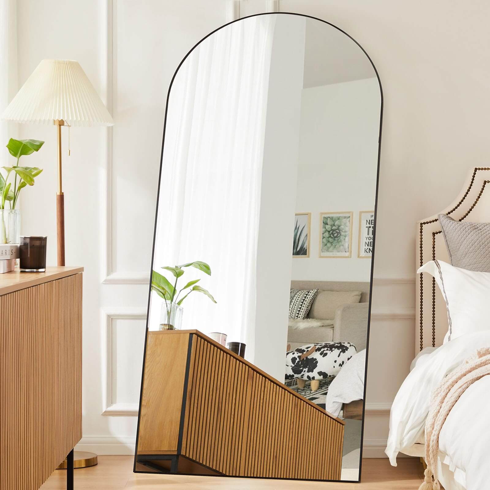 Wall Mirror with Stand Aluminum Alloy Thin Frame - Black