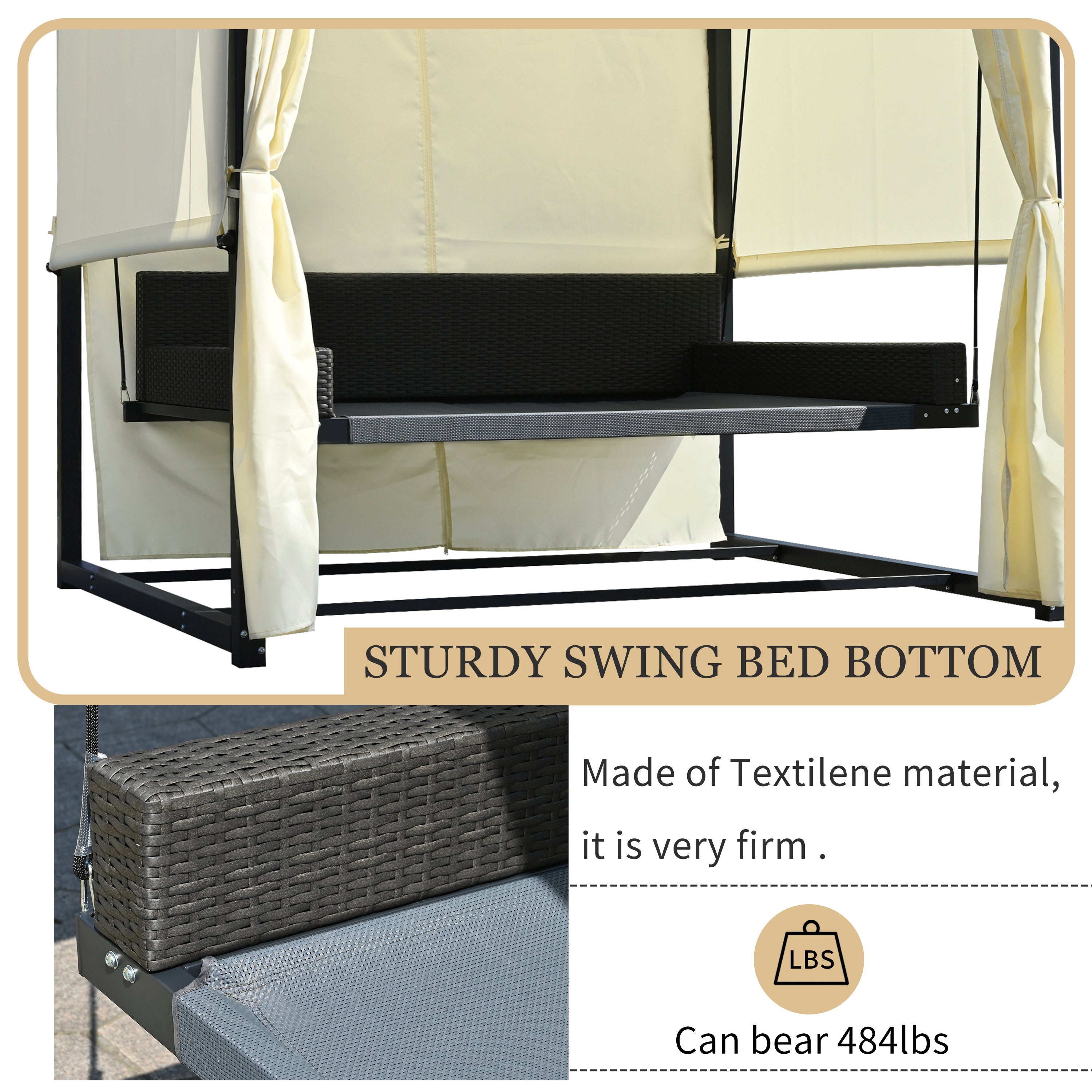 Outdoor Swing Bed for 2-3 People, Adjustable Curtains - Beige
