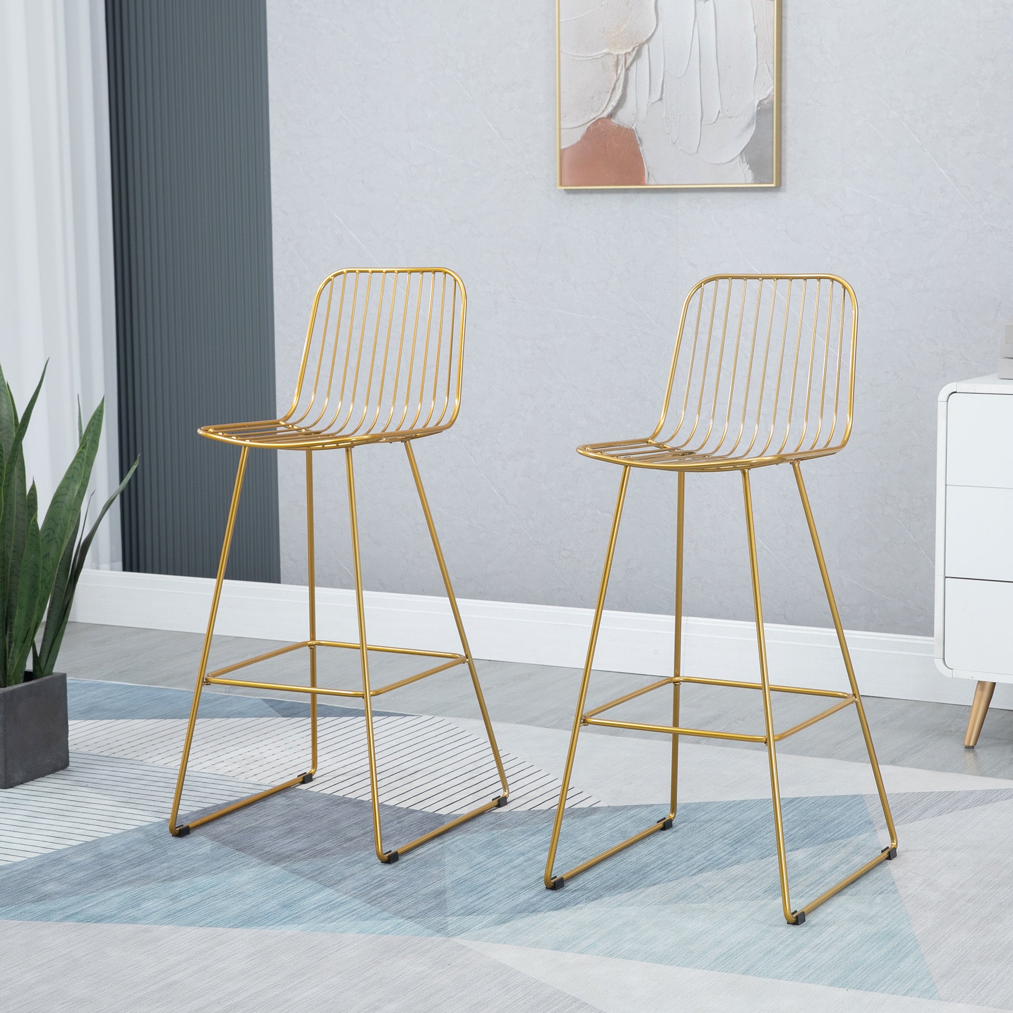 Set of 2 Gold Modern Bar Stools, Metal Wire Bar Height 30" with Back and Footrest