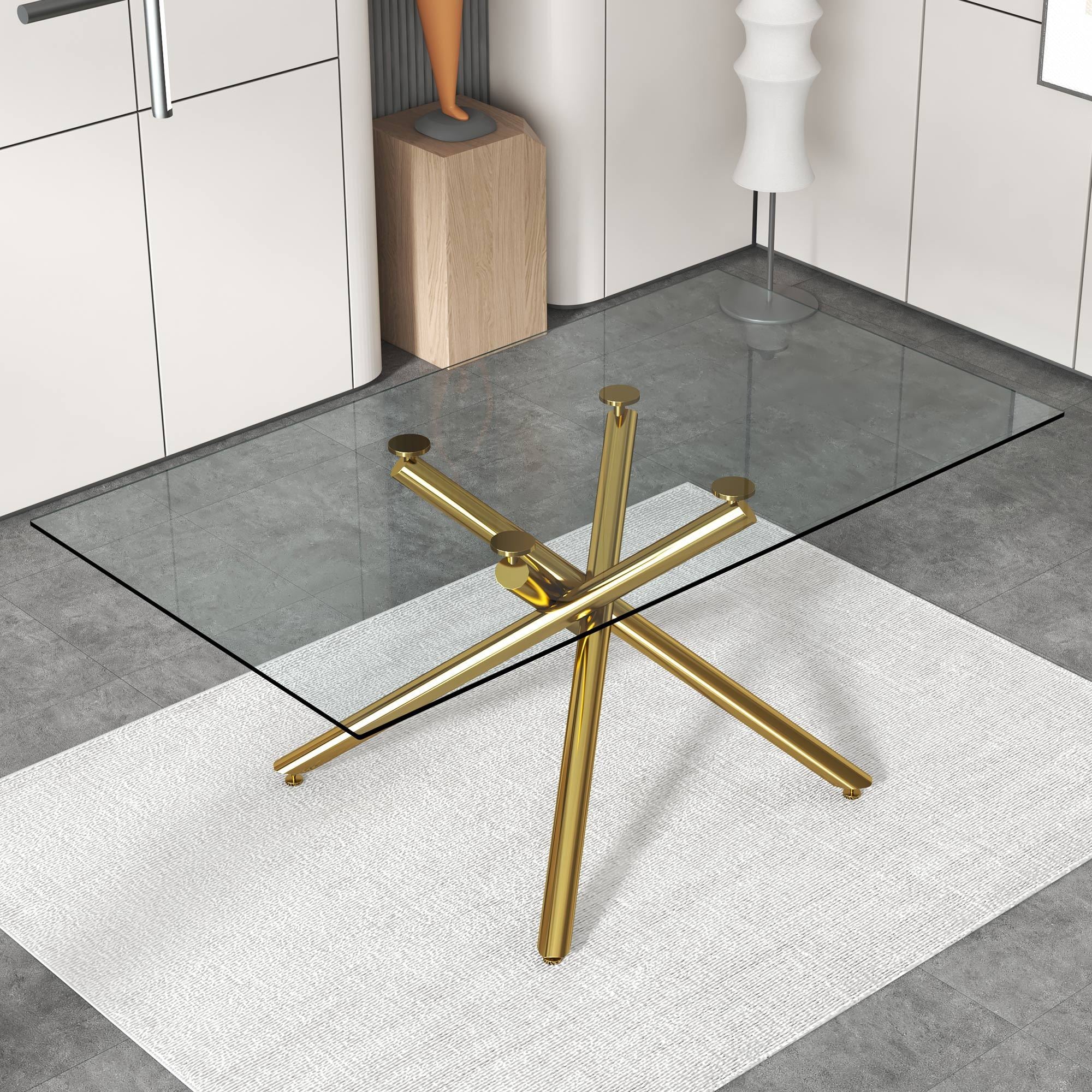 Modern Minimalist Rectangular Glass Dining Table for 6-8 with 0.39" Tempered Glass Tabletop and Silver Chrome Metal Legs - Golden
