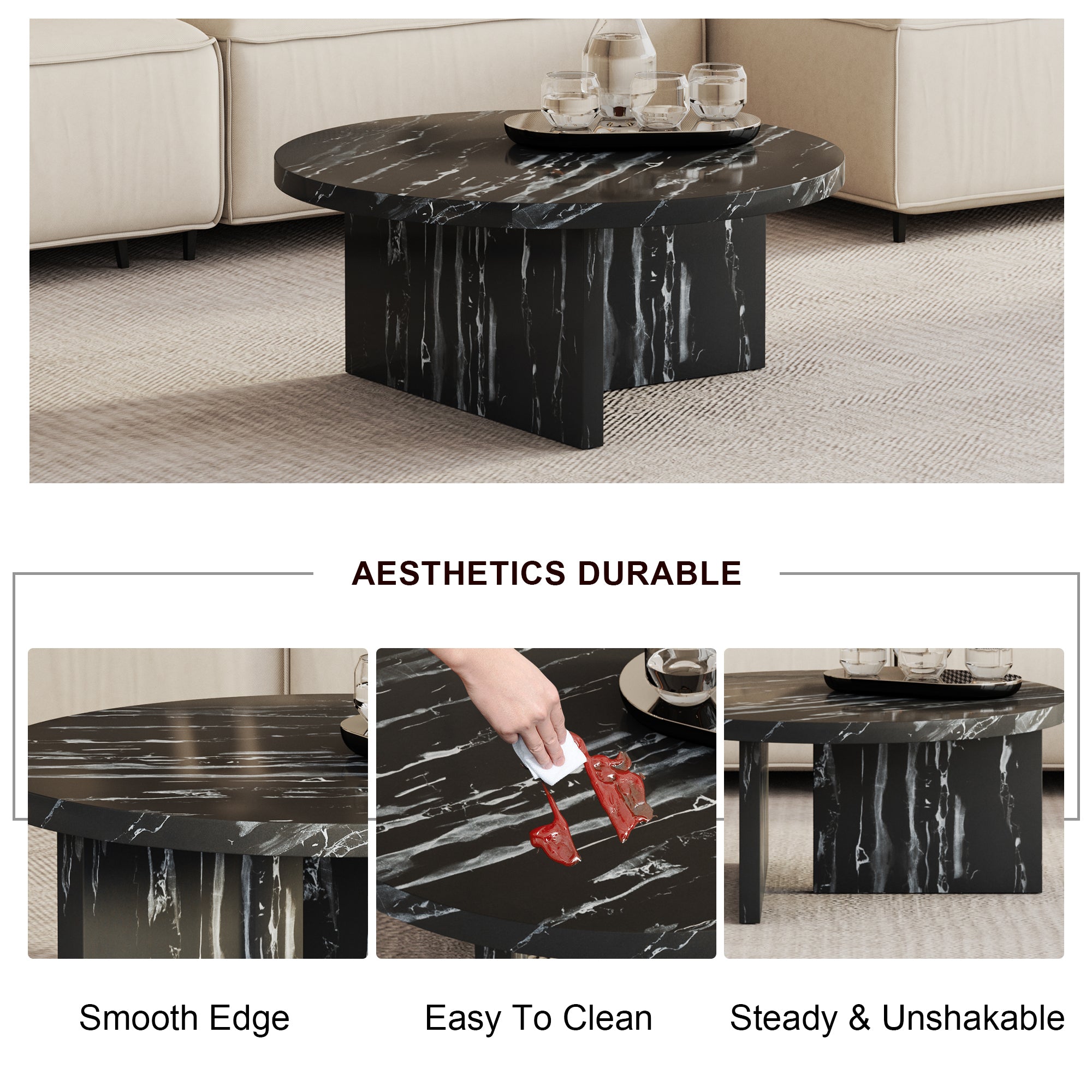Modern Circular Coffee Table with Texture - Black