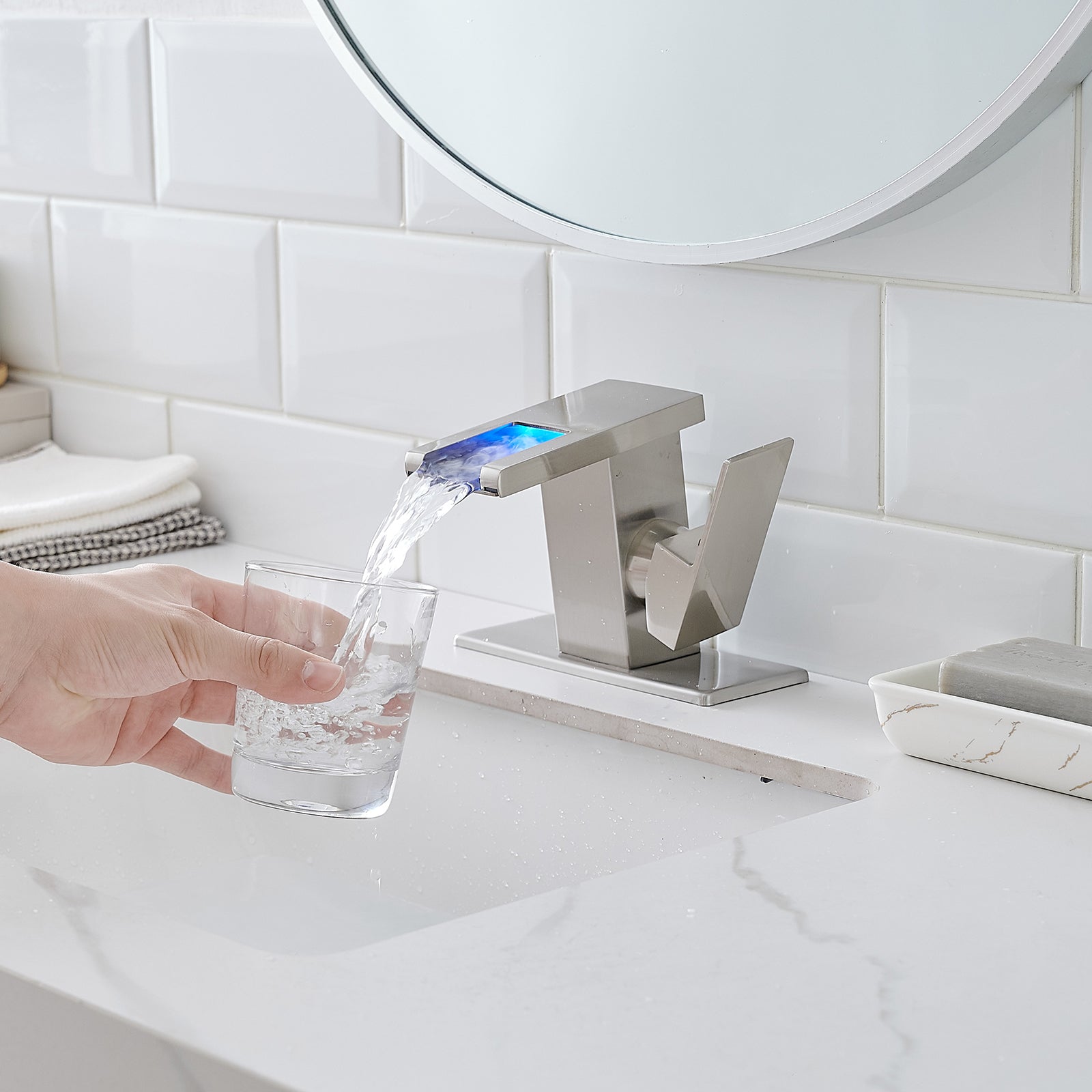 Bathroom Sink Faucet LED Light 3 Colors Changing Waterfall Glass  - Brushed Nickel