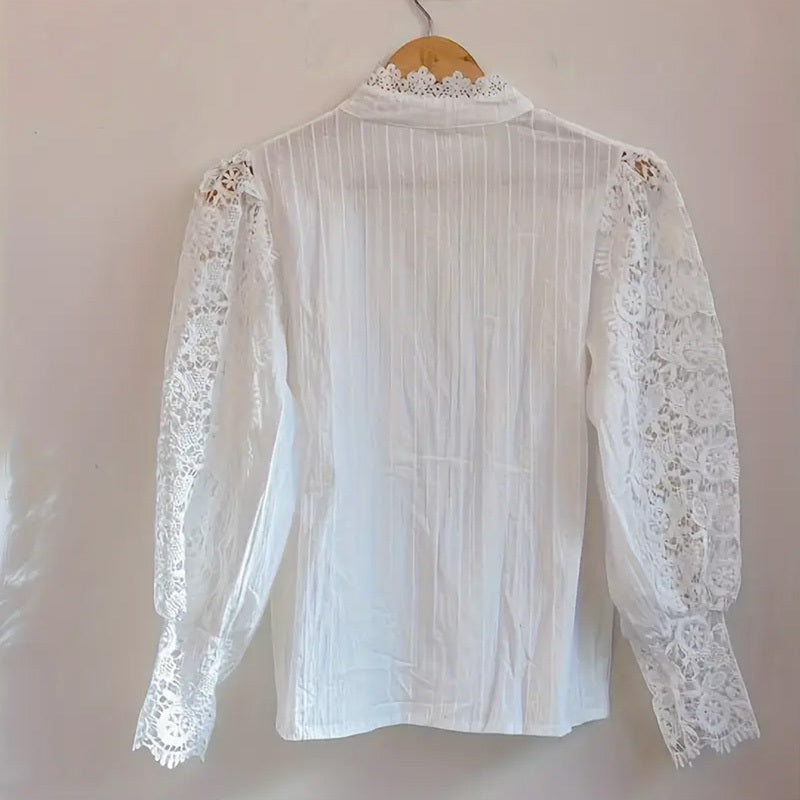 Elegant Women's Vintage Pearl Button Lace Blouse - Puff Sleeve Semi-Sheer Ruffled Stand Collar Shirt