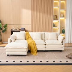 Beige color  3-seat combo sofa with storage ottoman for living room apartment bedroom and compact room, Upholstered sectional Couch, L Shaped Bench with a footrest