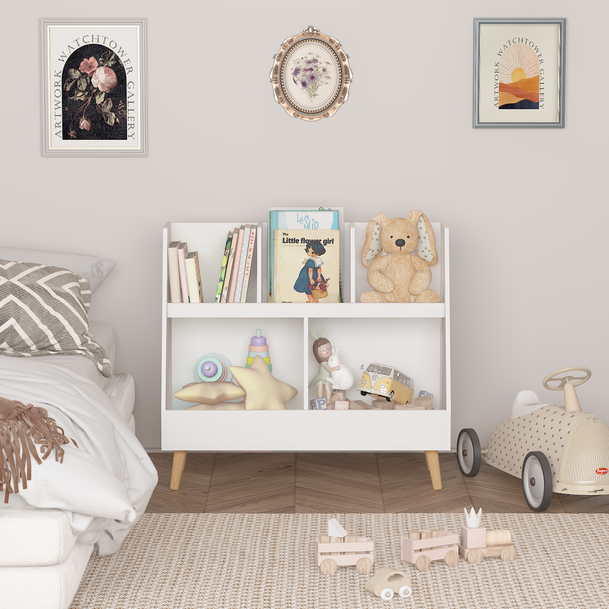 Kids Bookshelf and Toy Organizer, 5 Cubbies Wooden Open Bookcase, 2-Tier Baby Storage Display Organizer with Legs, Free Standing for Playing Room, Bedroom, Nursery, Classroom - White