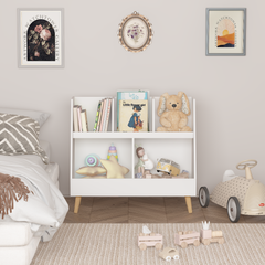 Kids Bookshelf and Toy Organizer, 5 Cubbies Wooden Open Bookcase, 2-Tier Baby Storage Display Organizer with Legs, Free Standing for Playing Room, Bedroom, Nursery, Classroom - White