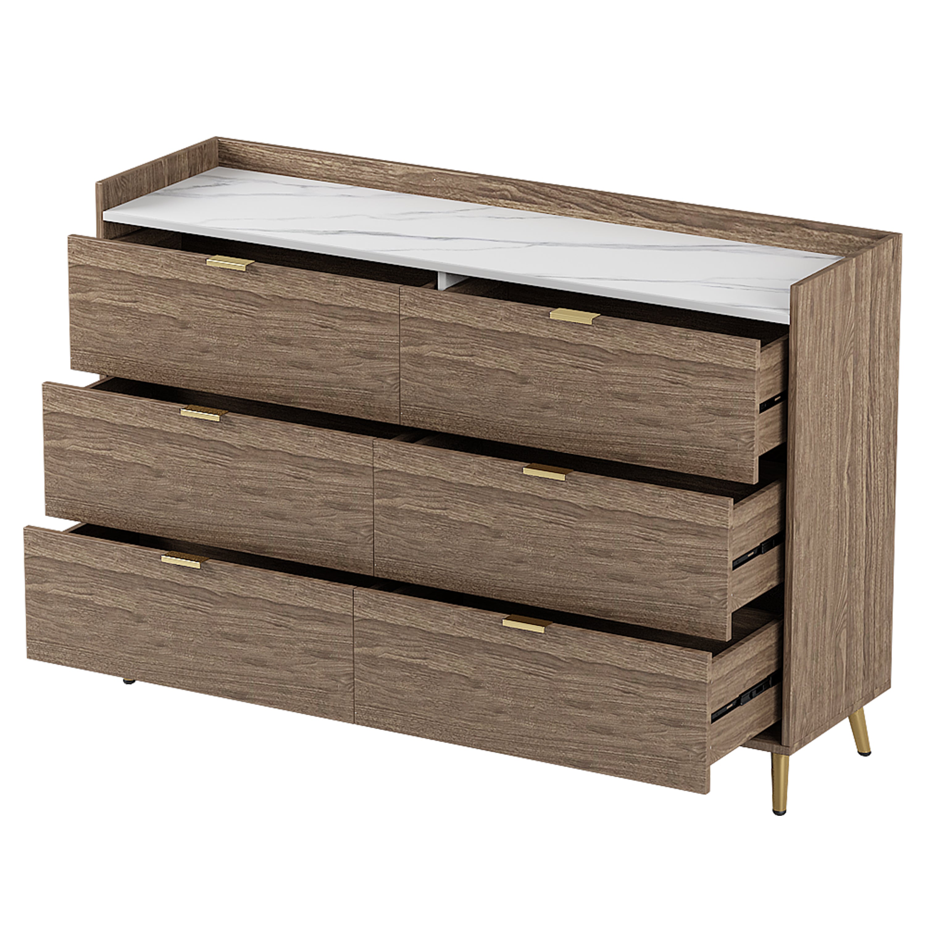 55" Long 6 Drawer Dresser with Marbling Worktop, Mordern Storage Cabinet with Metal Leg and Handle - Walnut