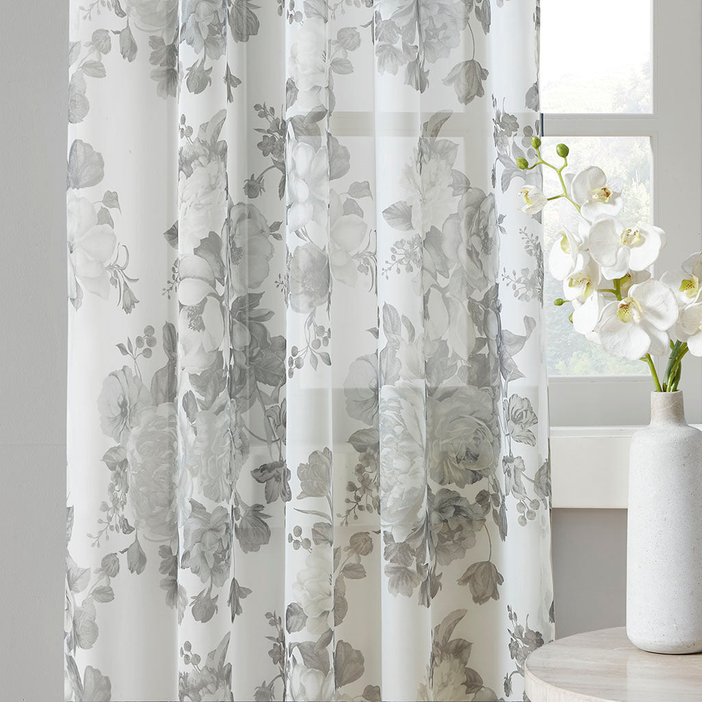 Printed Floral Twist Tab Top Voile Sheer Curtain - White