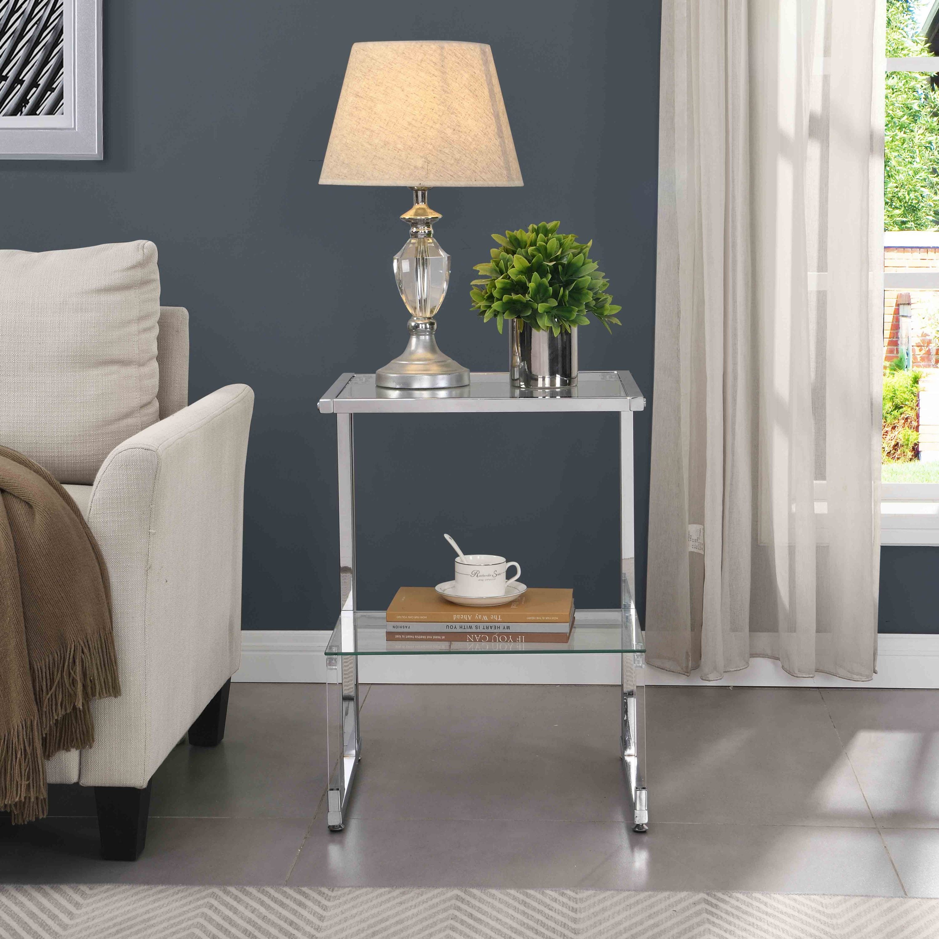 Silver Chrome Side Table, 2-Tier Acrylic Glass End Table