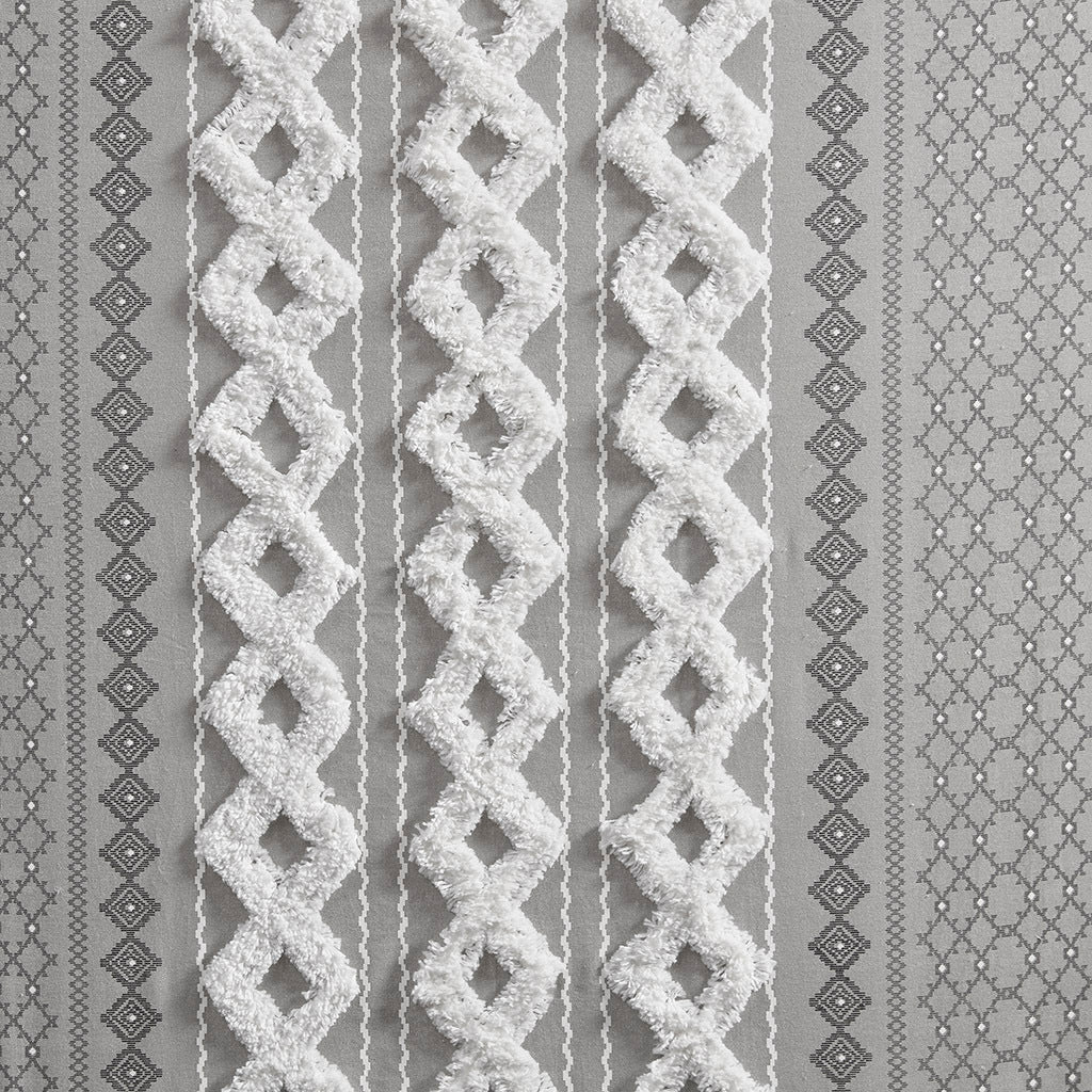 Cotton Printed Curtain Panel with Chenille Stripe and Lining - Gray