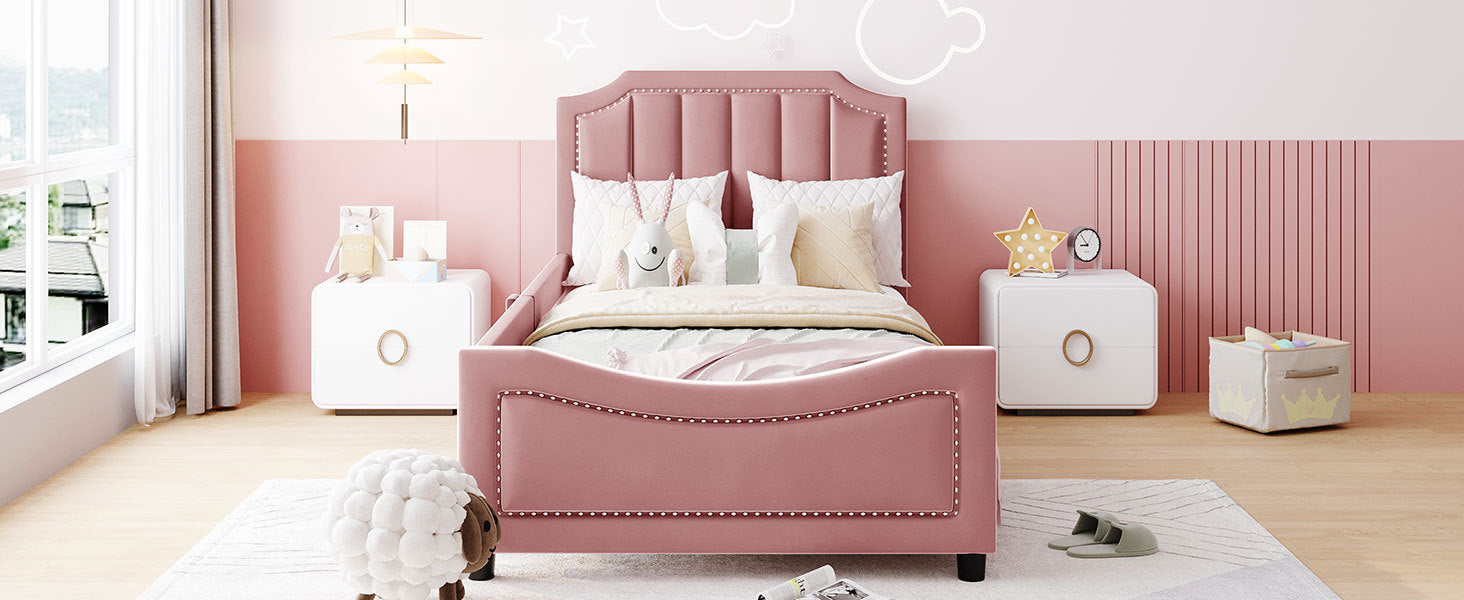 Twin Size Upholstered Daybed with Classic Stripe Shaped  Headboard - Pink