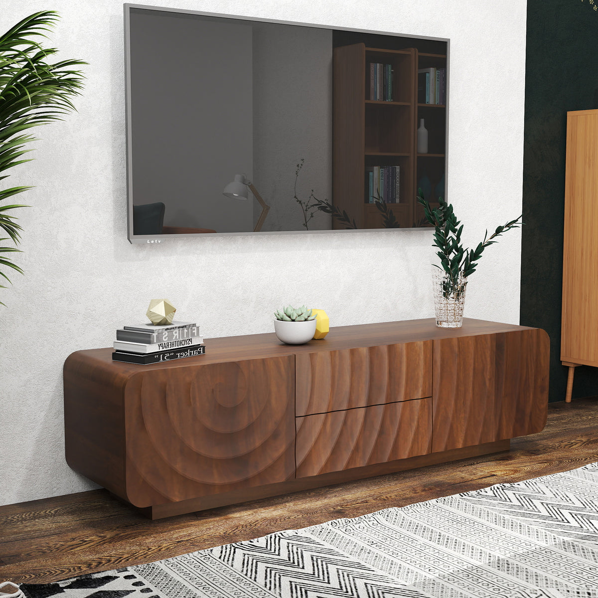 58''Tv Console With Mid Century Unique Spiral Wave Design With Storage Cabinet And 2 Drawers Tv Stand For Living Room, Bedroom, Walnut