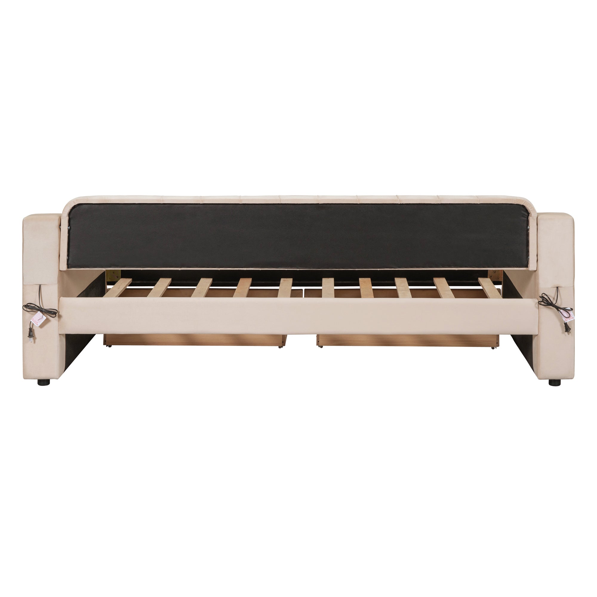 Twin Size Upholstered Daybed with Storage Armrests and USB Port - Beige
