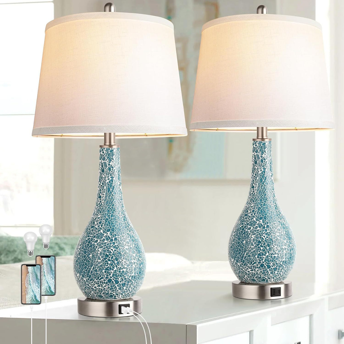 Set of 2, Modern Bedside Lamp with USB A+C Ports, 26" Coastal Large Nightstand Lamp White Shade Living Room Lamps for Home Decor, LED Bulb Included - Blue