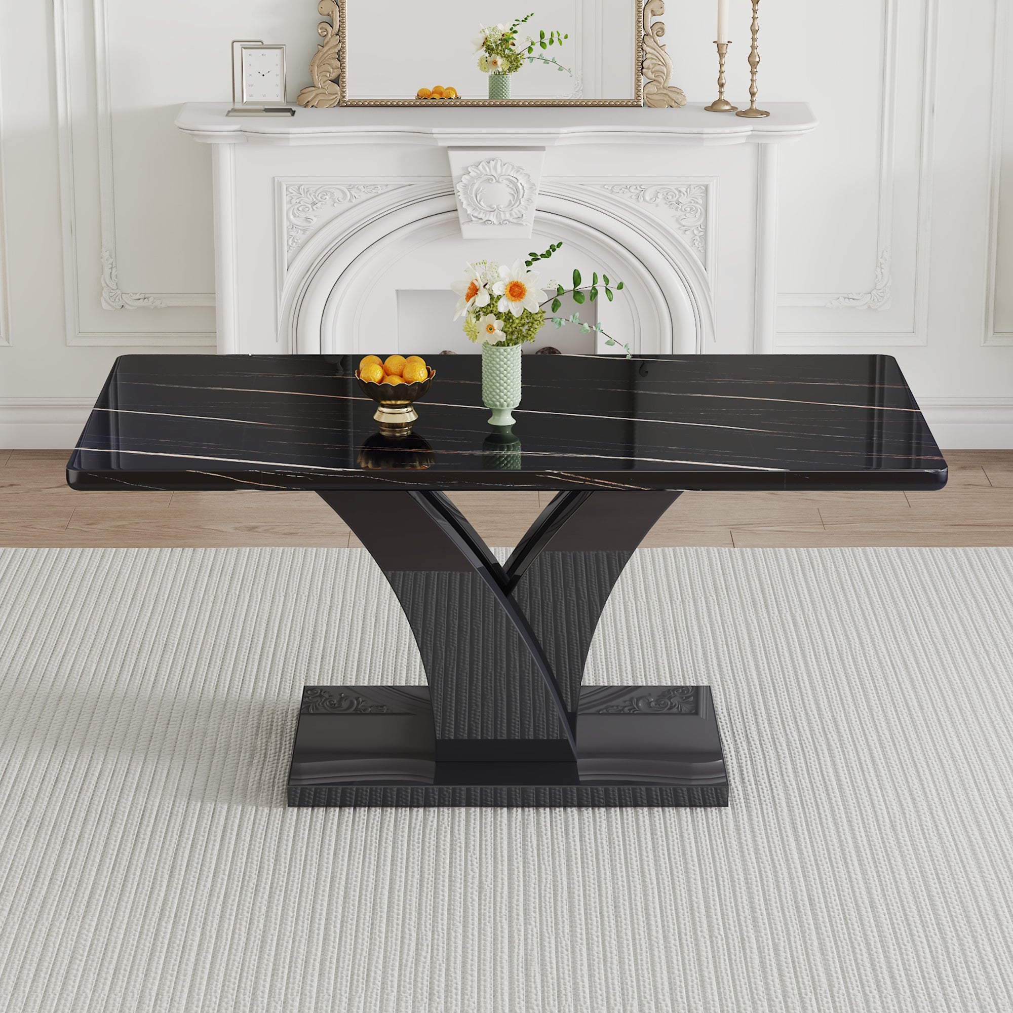 Modern Dining Table, Black Desktop and Black MDF Leg