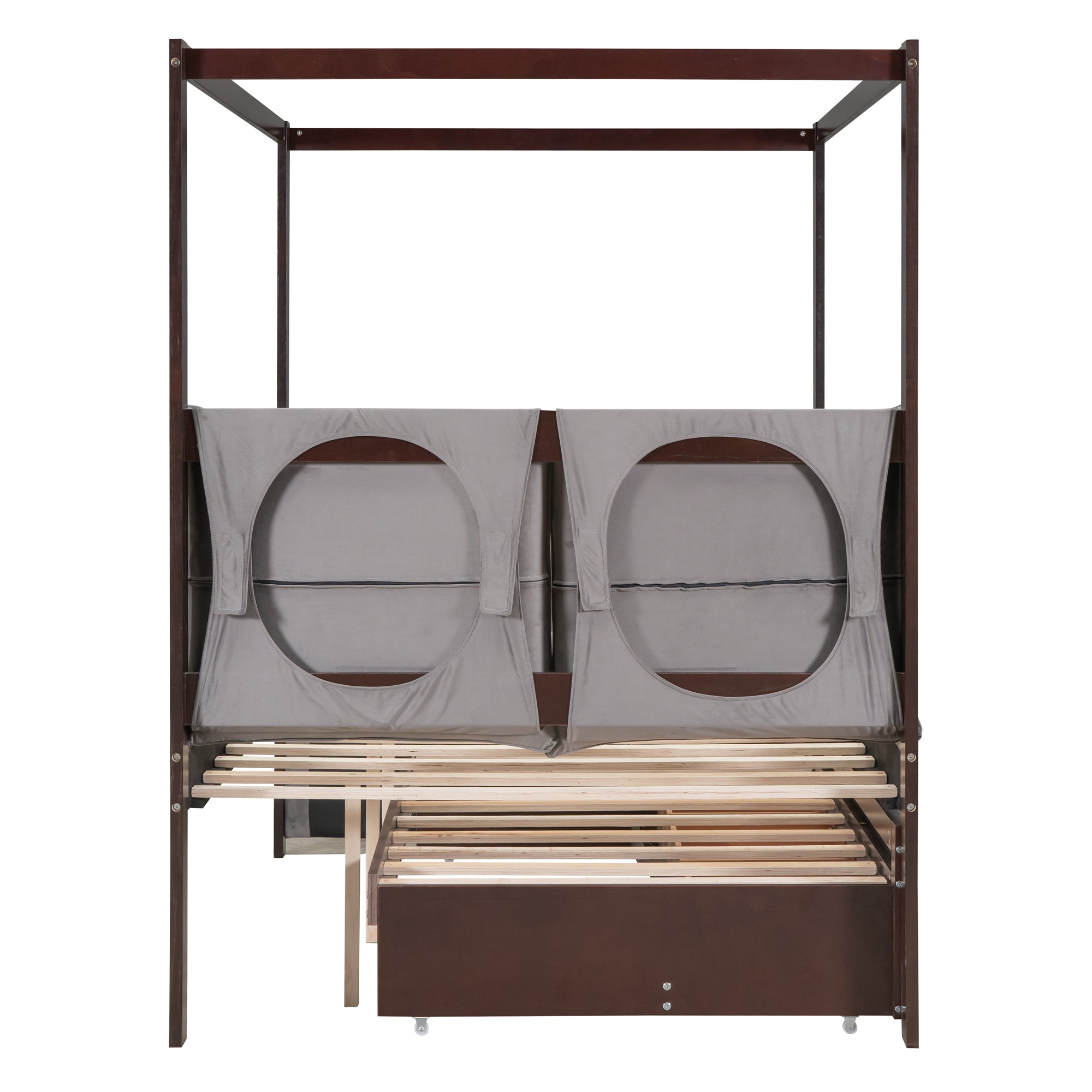 Full Size Upholstered  Canopy Bed with Trundle and 3 Drawers - Gray
