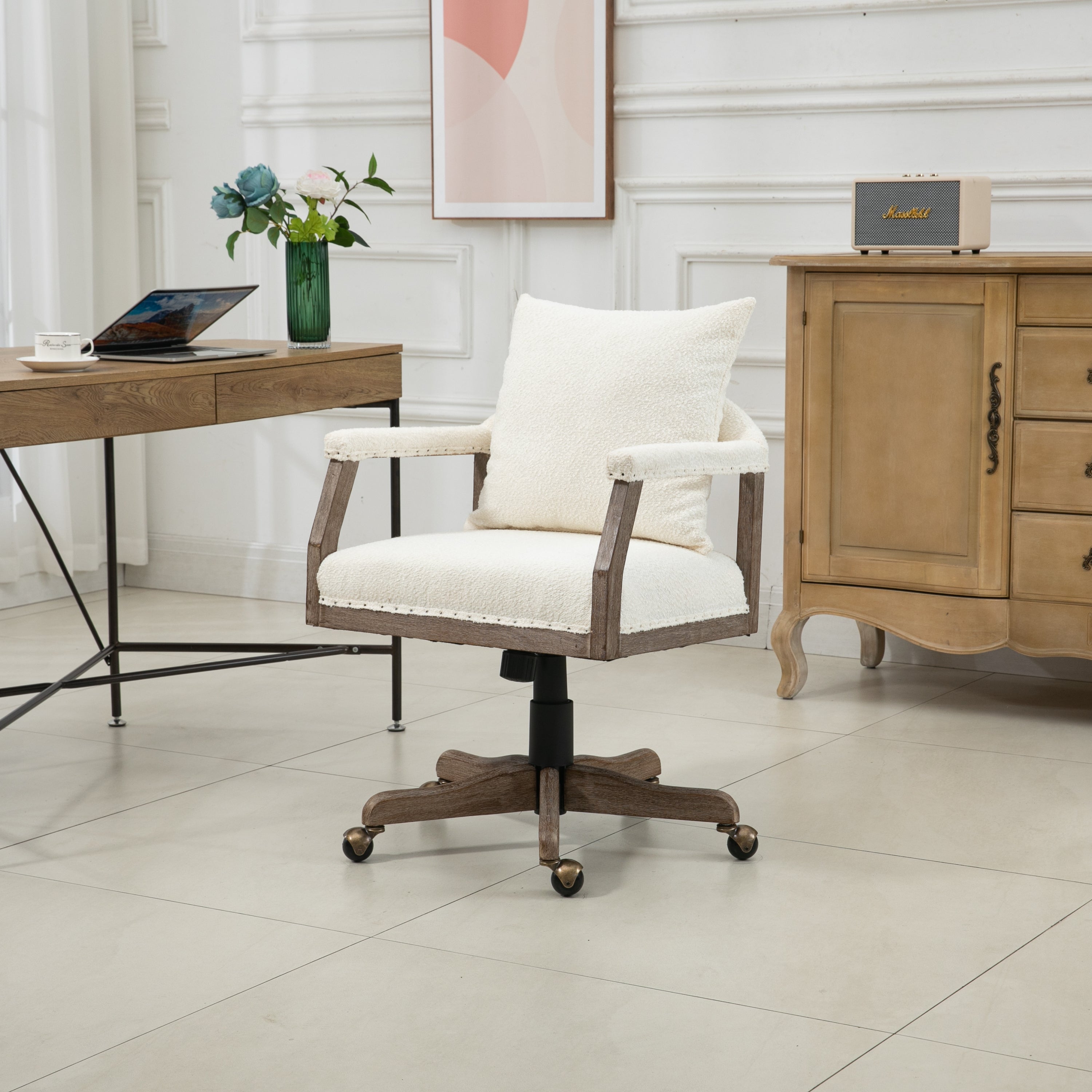 Office Chair Adjustable Swivel Chair Fabric Seat Home Study Chair - Beige