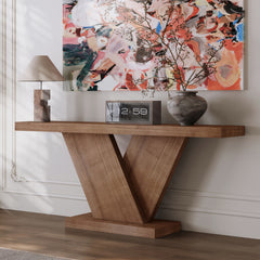 66' L Modern X-Leg Console Table with Solid Wood Veneer, Sturdy Entryway Hallway Table for Small Space, Mid-Century Narrow Sofa Table with Geometric Design & Wide Top, Walnut