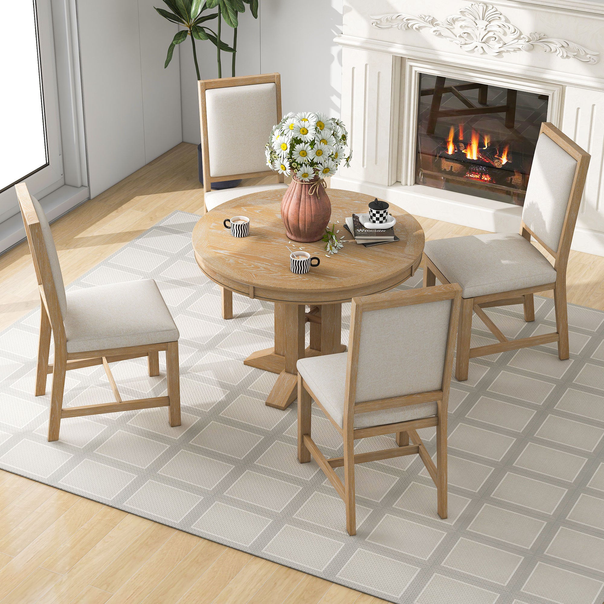 5-Piece Dining Set Extendable Round Table and 4 Chairs Farmhouse Dining Set - Natural Wood Wash