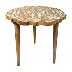 Handcrafted Mango Wood Side End Table, Floral Carved Top, Tripod Base, 18 Inch  - Antique Brown & White