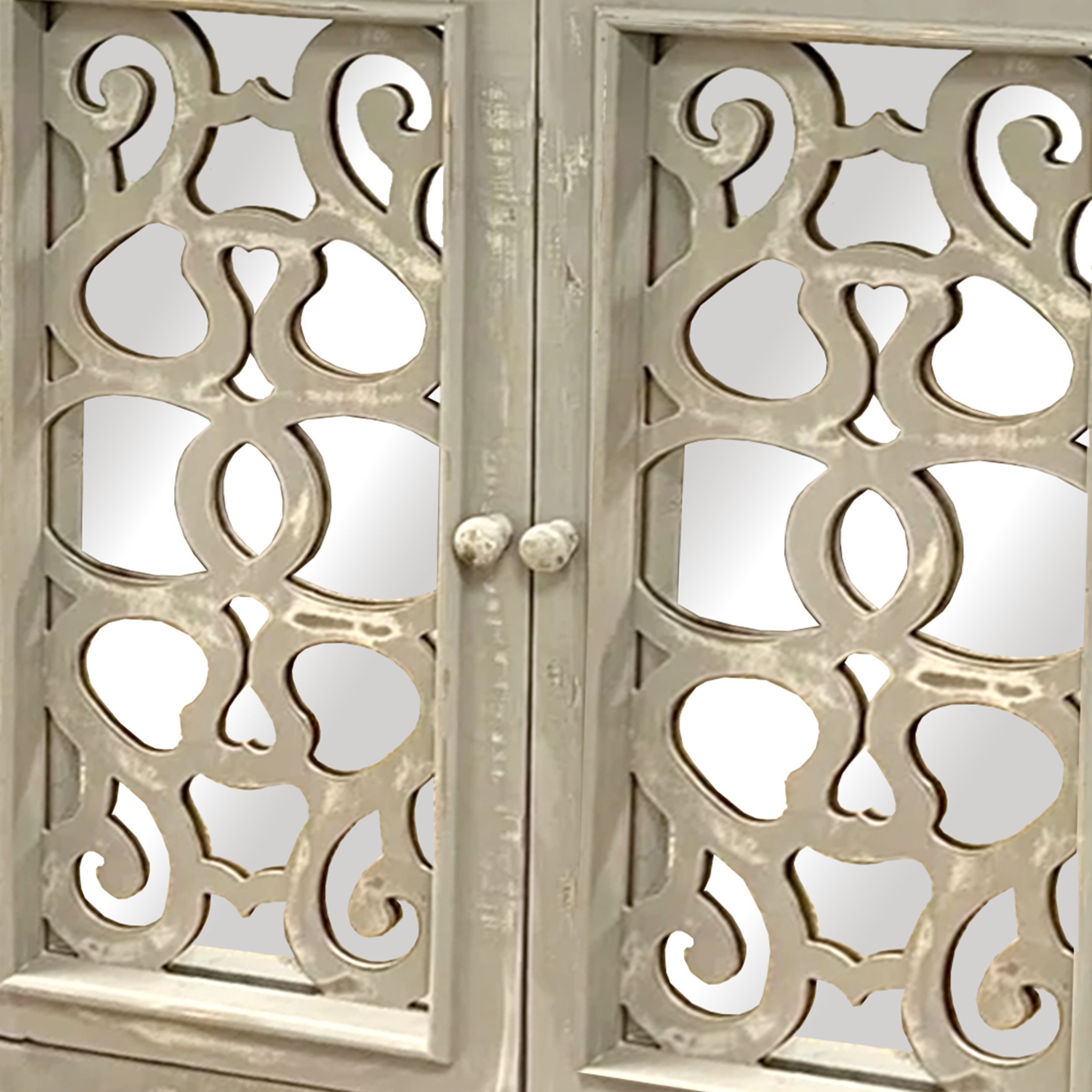 Storage Console with 2 Doors and Scrolled Mirror Trim, Antique White and Silver