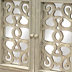 Storage Console with 2 Doors and Scrolled Mirror Trim, Antique White and Silver