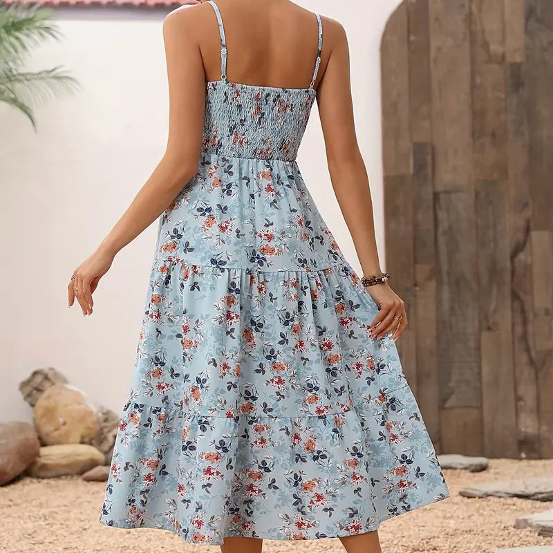 Women's Floral Midi Dress, Smocked Bodice, Spaghetti Strap, Tiered Summer Dress