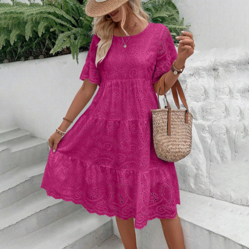 Women's Eyelet Lace Summer Dress, Short Sleeve, A-Line, Knee Length