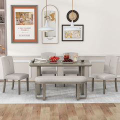 6-Piece Retro-Style Dining Set Includes Dining Table, 4 Upholstered Chairs & Bench with Foam-covered Seat Backs & Cushions - Light Khaki + Beige