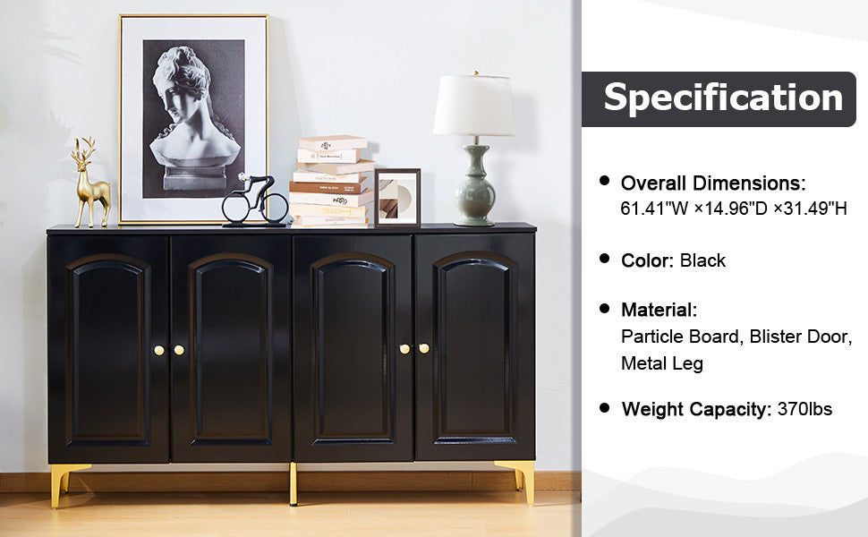 Buffet Sideboard 4 Doors Accent Storage Cabinet, Mid Century Modern Buffet Table with Adjustable Shelf - Black