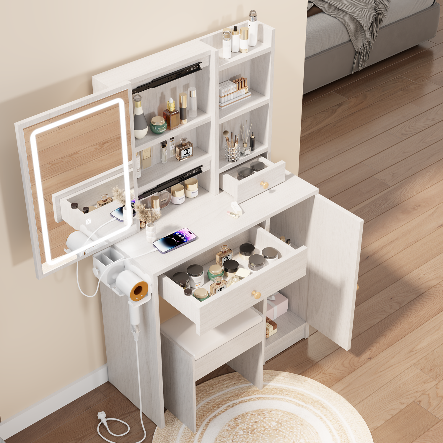 Vanity Table + Cushioned Stool, With 2 AC Power + 2 USB Socket, Extra Large Sliding LED Mirror