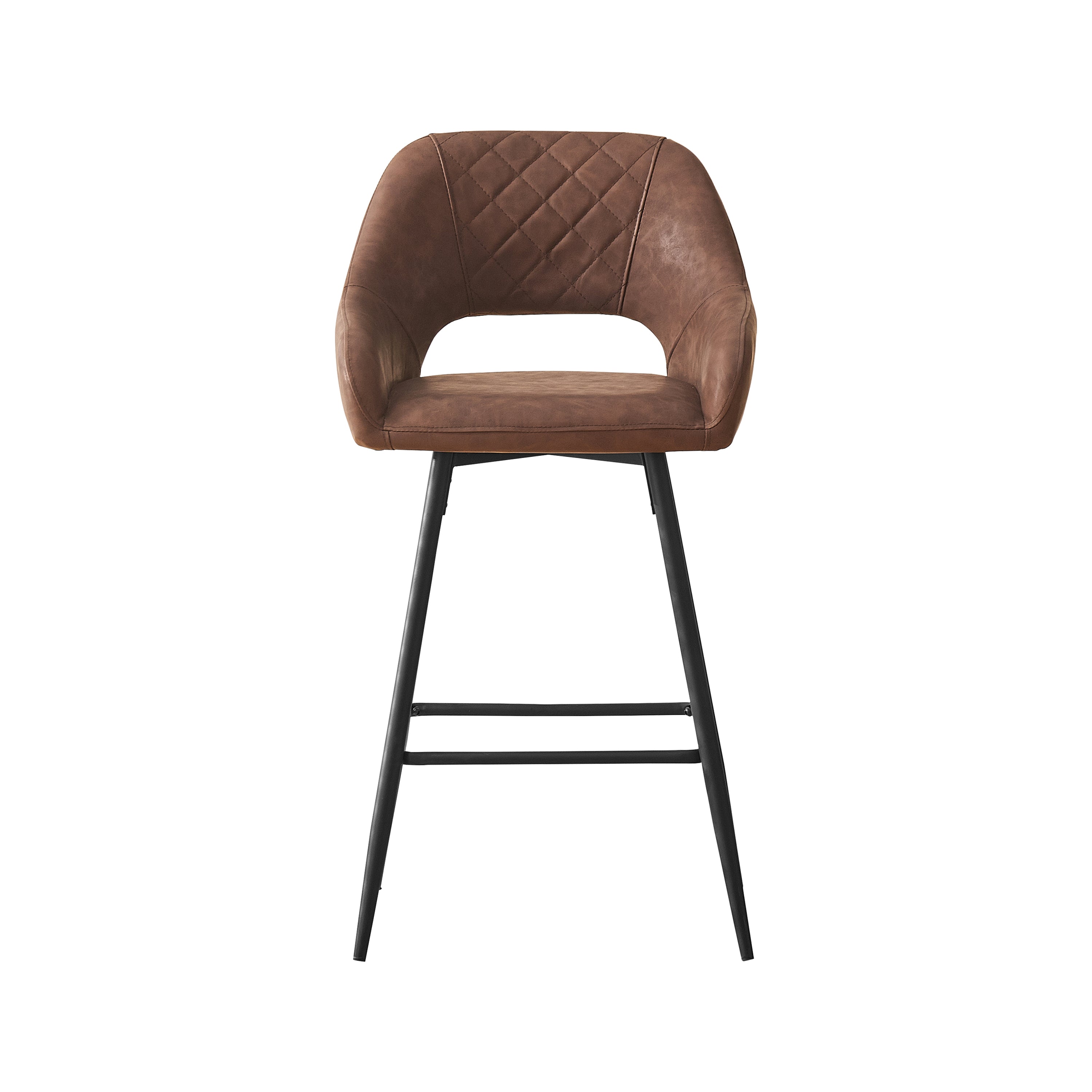 Bar Stools Set of 2 Leather Brown Breakfast Dining Bar Stools Fixed Height Bar Chairs with Metal Frame and Footrest