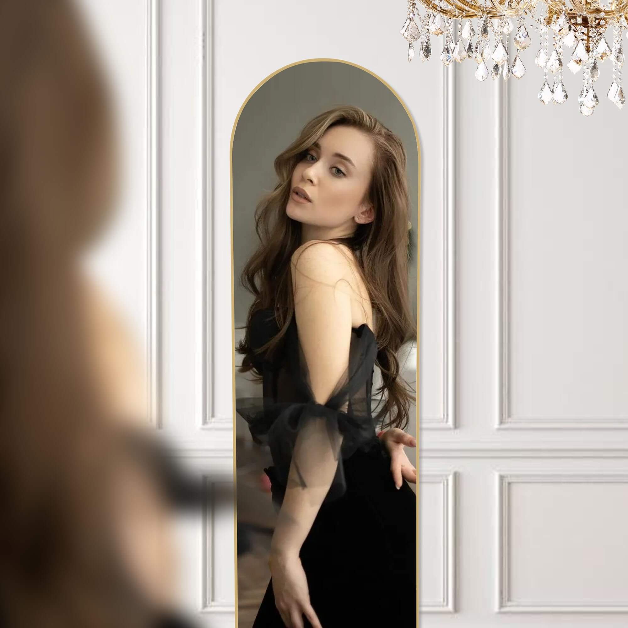 Floor Standing Mirror, Wall Mirror with Stand Aluminum Alloy Thin Frame,16'x*59'',Gold-arched