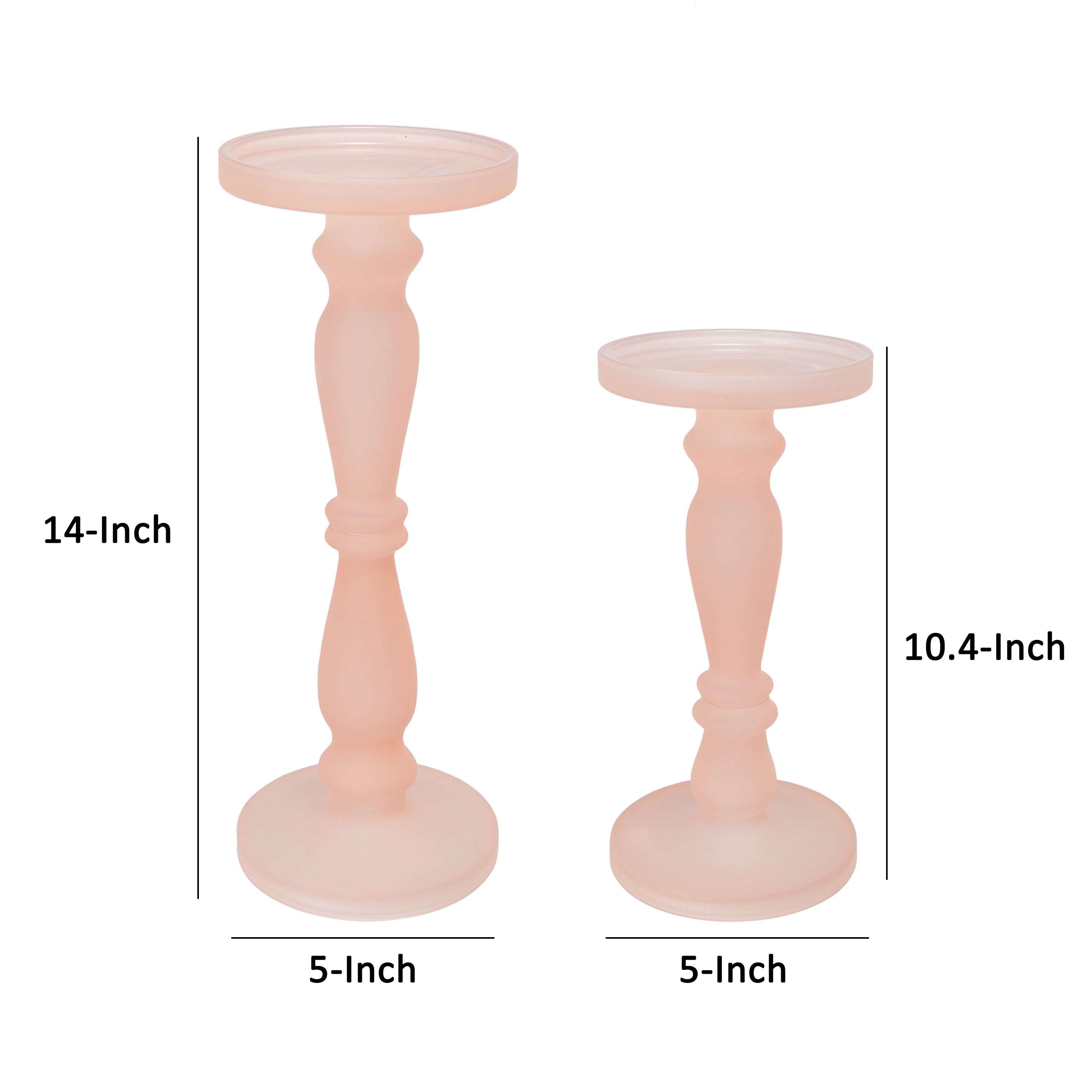 Set of 2 Candle Holders, Rose Pink Turned Pedestal Glass