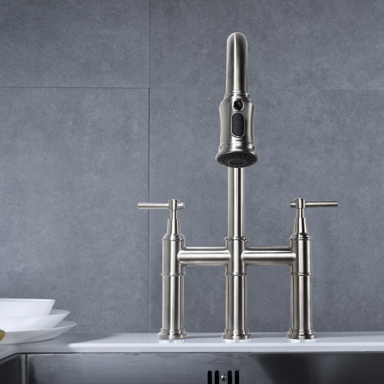 Bridge Kitchen Faucet with Pull-Down Sprayhead in Spot - Brushed Nickel