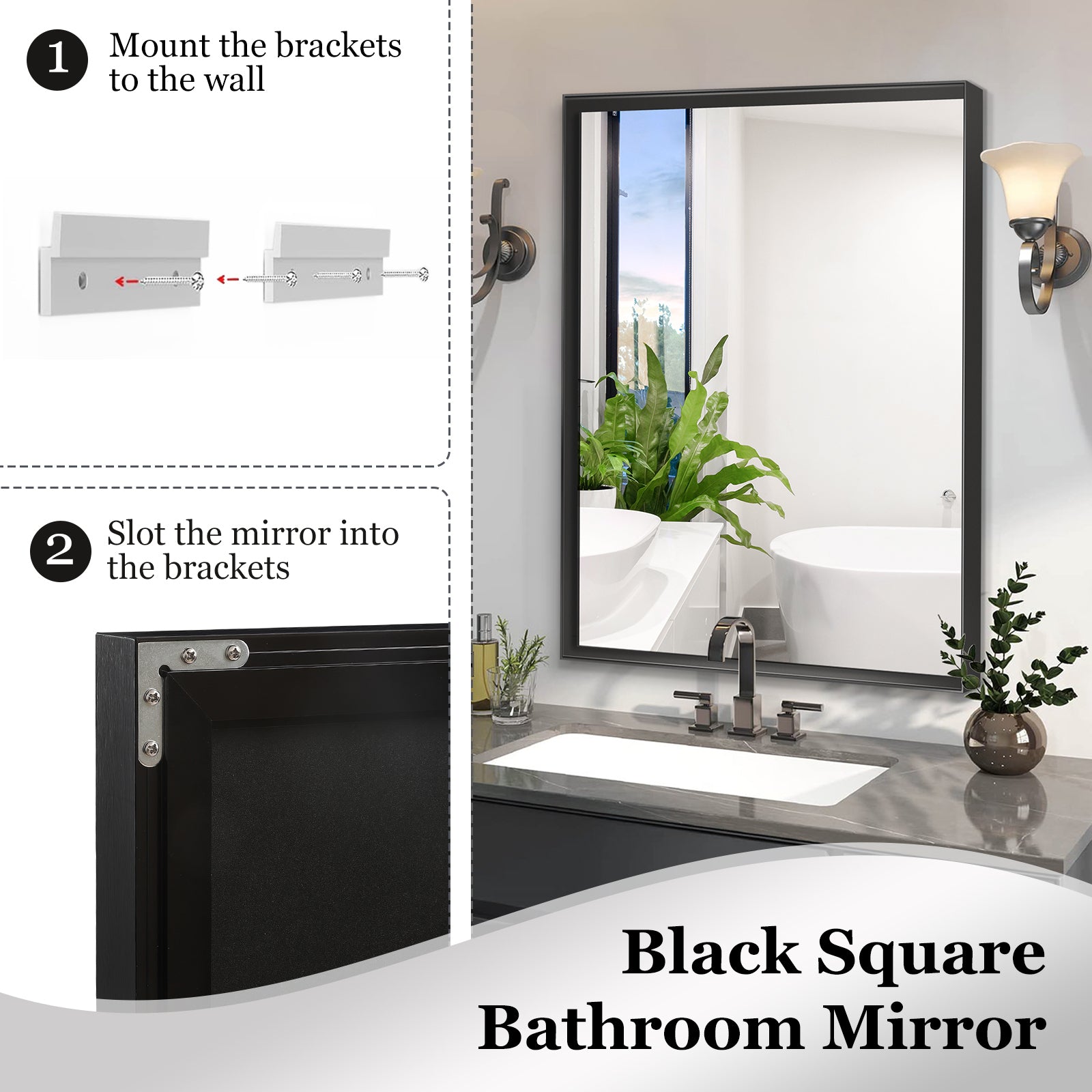 Black Rectangular Bathroom Mirror Square Angle Metal Frame 36x24inch (Horizontal & Vertical)