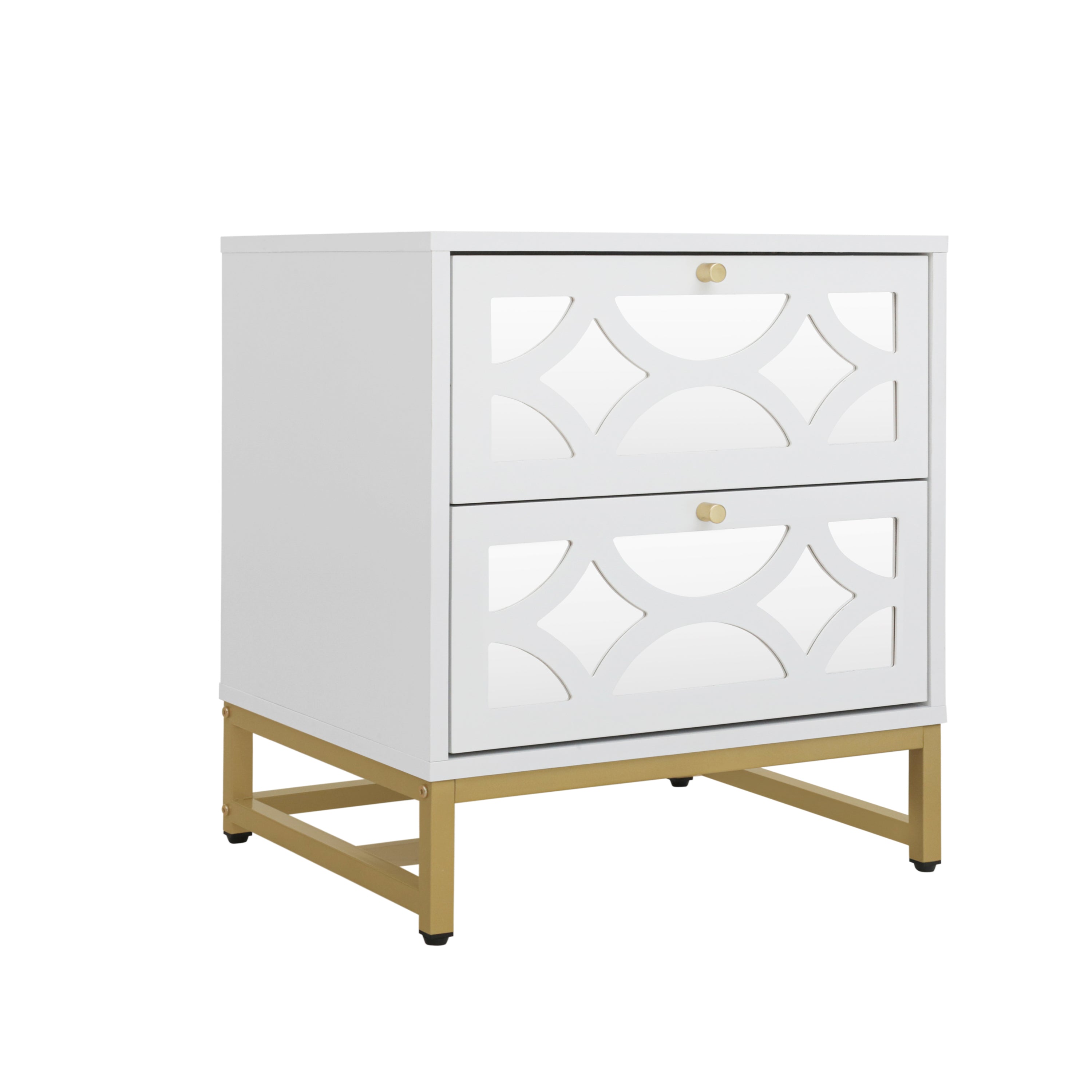 Set of 2 - Small Bedside Table with 2 Drawers, White Mirrored Nightstand with Gold Legs