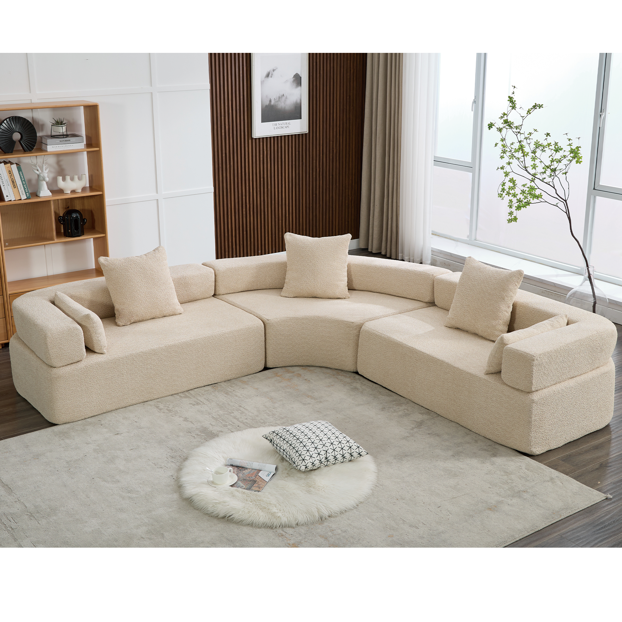 Upholstered 4 Seater Couch for Living Room, Modern Modular 3 Piece Free Combination, Semicircular Modular Sofa - Boucle, Khaki