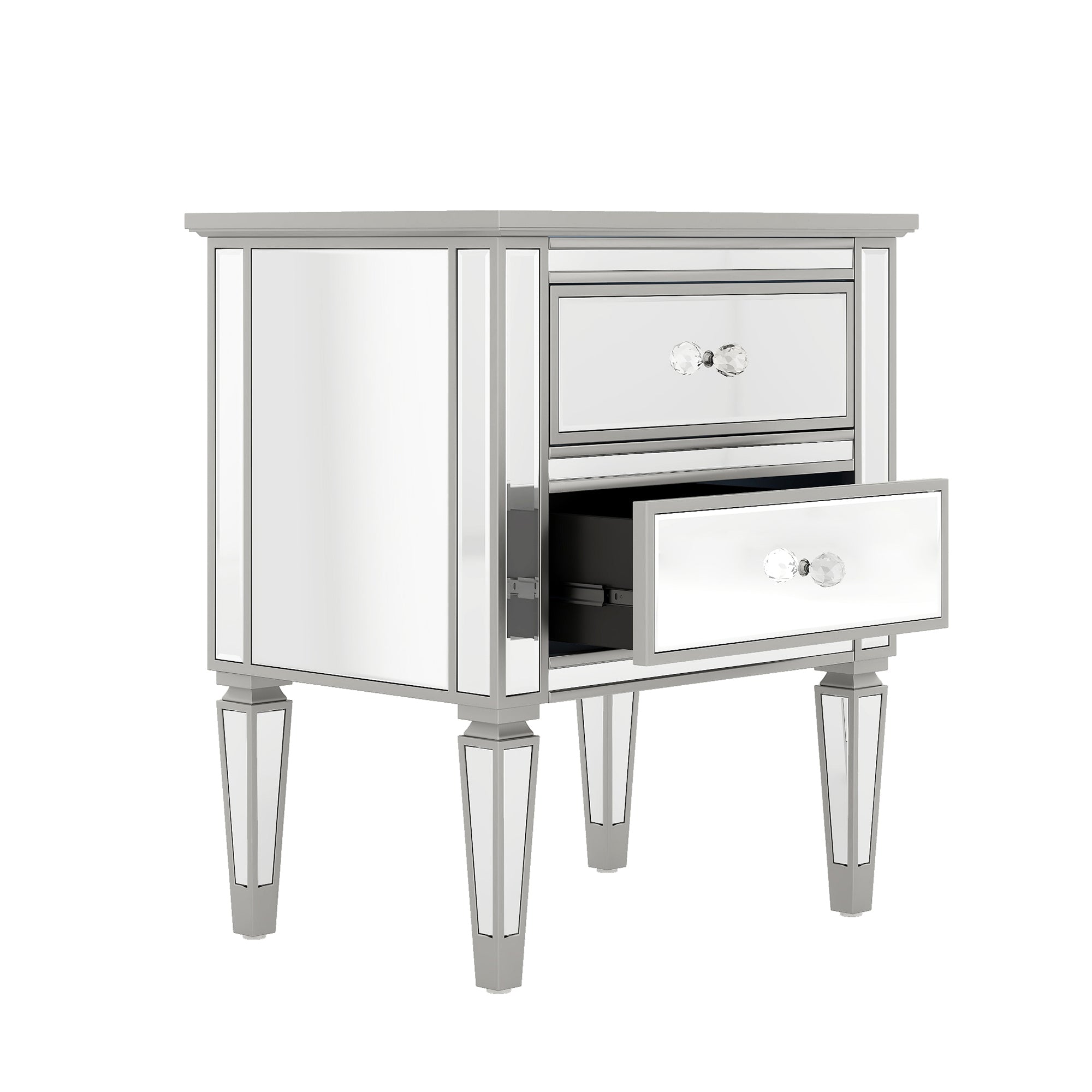 Elegant Mirrored Side Table with 2 Drawers, Modern Silver Finished
