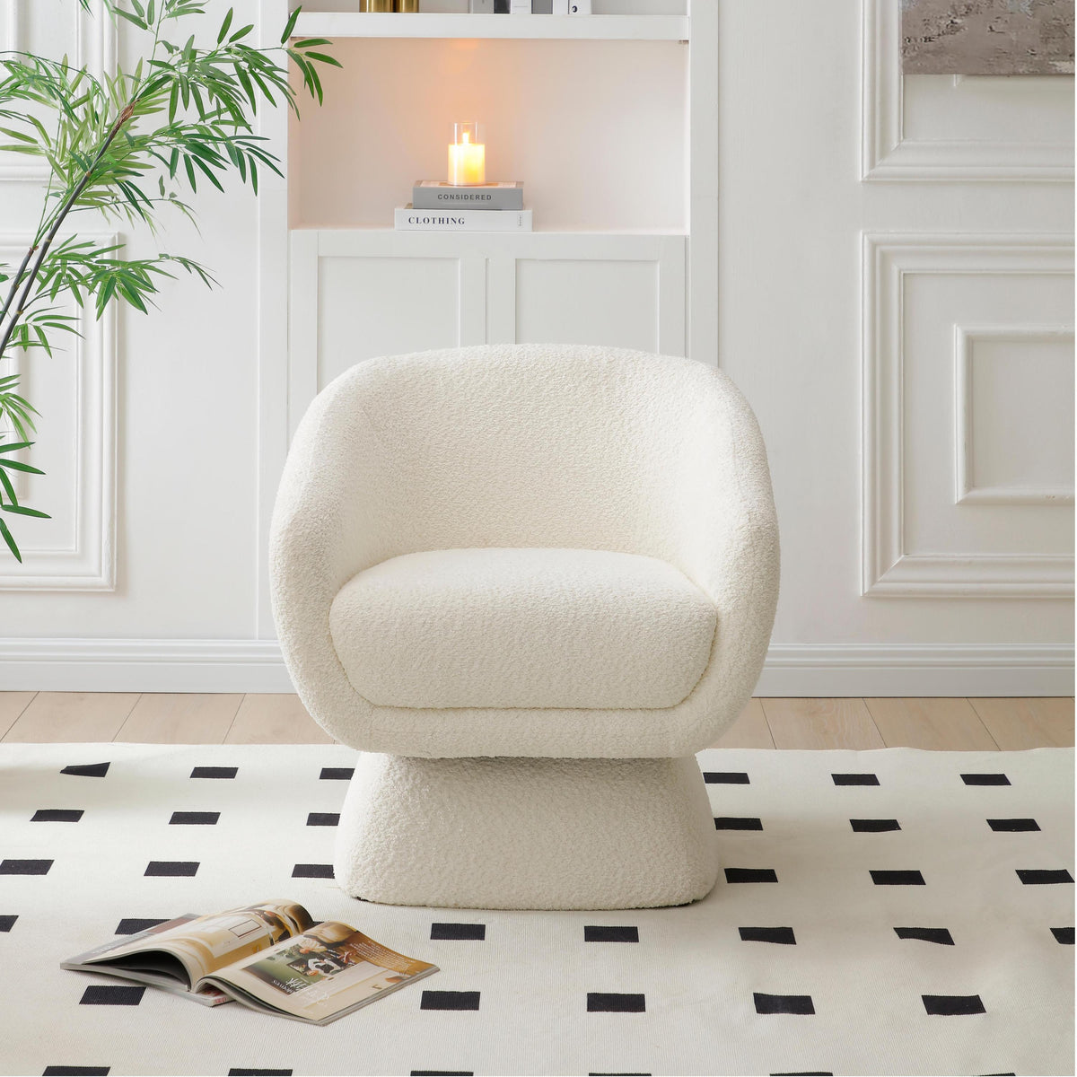 White Boucle swivel Chair, Solid Wood Frame, Modern Leisure Armchair, Ideal for Living Room & Bedroom